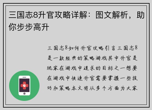 三国志8升官攻略详解：图文解析，助你步步高升